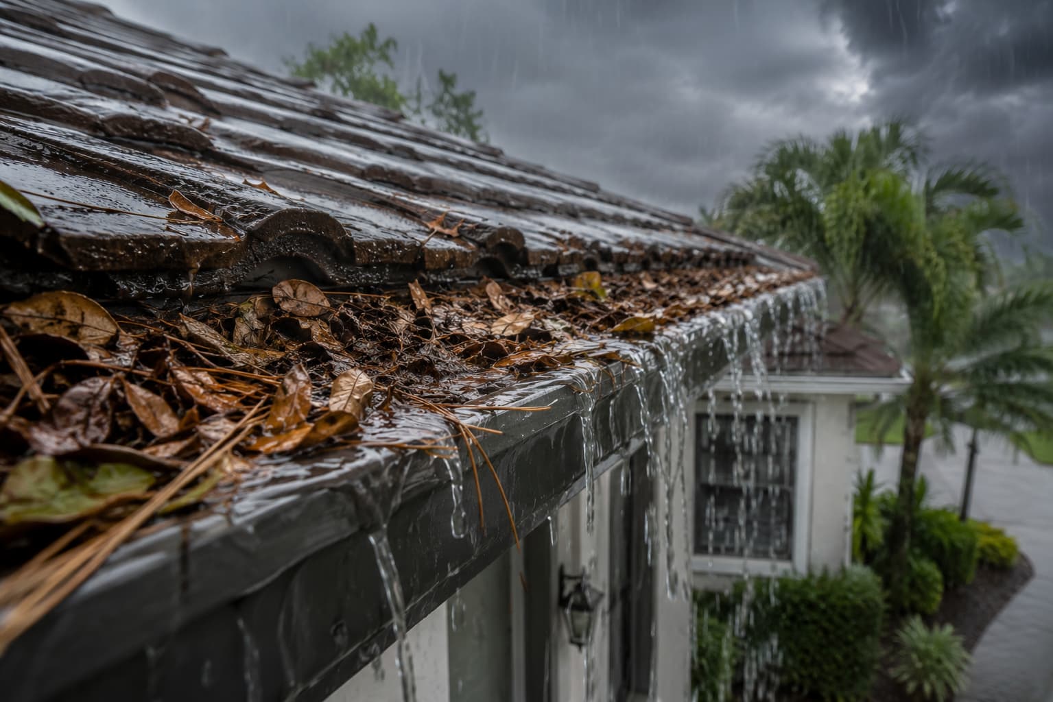 clogged gutters florida water overflow residential home damage